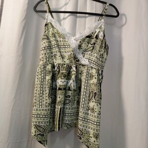 Y2K Babydoll Cami Top Paisley Lace Trim Sz L Forest Fairy